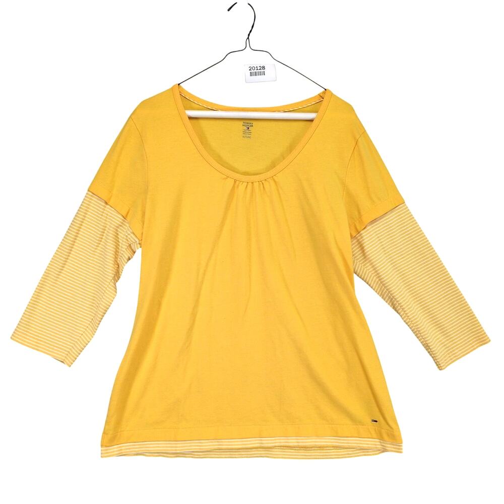 Tommy Hilfiger Women's XL Cotton Yellow 2-Fer Blouse, Scoop Neck Long Slv Stripe